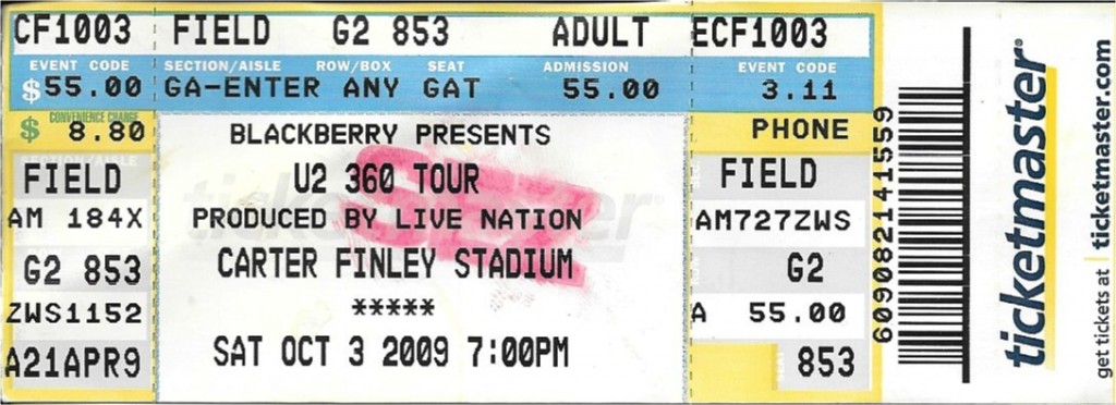 U2 Ticket, Carter-Finely Stadium, Raleigh NC Oct 3 2009